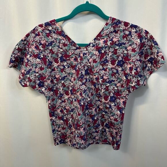 Madewell Puff Sleeve Top Mini Floral Seersucker V Neck Side Zip Short Sleeve 00 - Picture 6 of 6